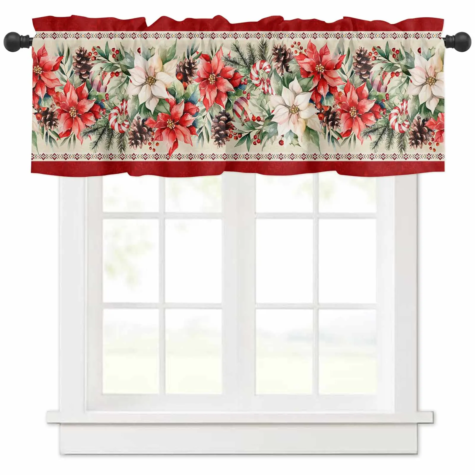 Christmas Poinsettia Berries Cedar Leaves Pine Cones Short Curtains Kitchen Cafe Wine Cabinet Door Window Curtains Home Decor