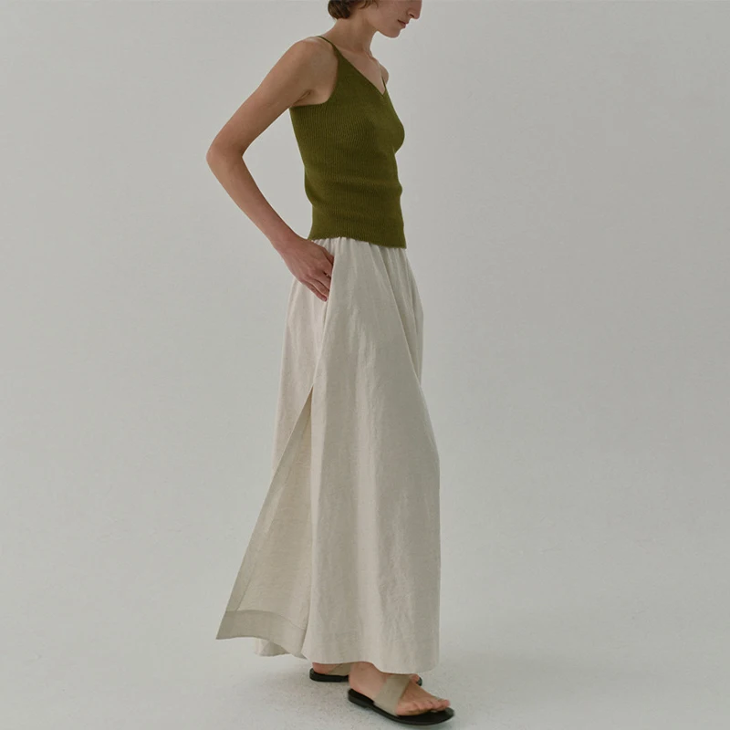 Chic Side Split Vintage Linen Skirt Women's Solid Color Cotton And Linen Summer New Double Pockets A-Line Elastic Waist Skirts