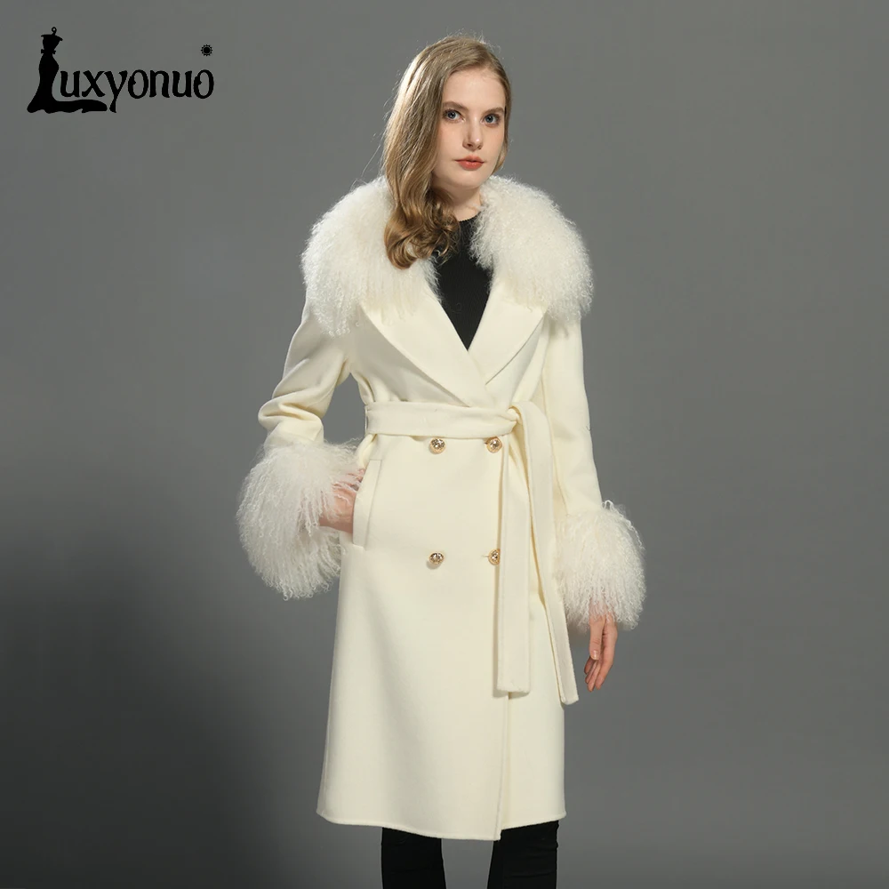 Luxyonuo Women's Wool&Blend Coat Real Mongolian Sheep Fur Collar and Cuff Ladies Fall Winter Fashion Full Sleeve Trench Coat New