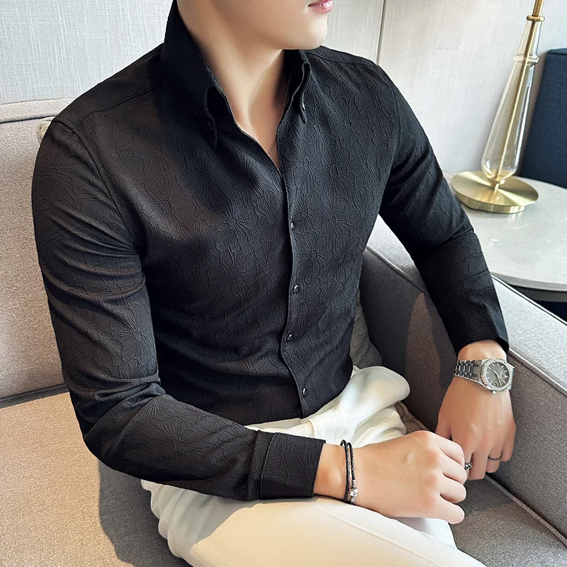 

2024 Spring Long Sleeve V-neck Men's Shirts Luxury Print Casual Business Dress Shirt Social Streetwear Tuxedo Men Clothing