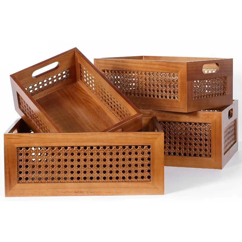 

Wooden Storage Basket Set of 4 Handmade Rattan Drawer Storage Box with Frame & Handles Decorative Natural Bamboo Wove