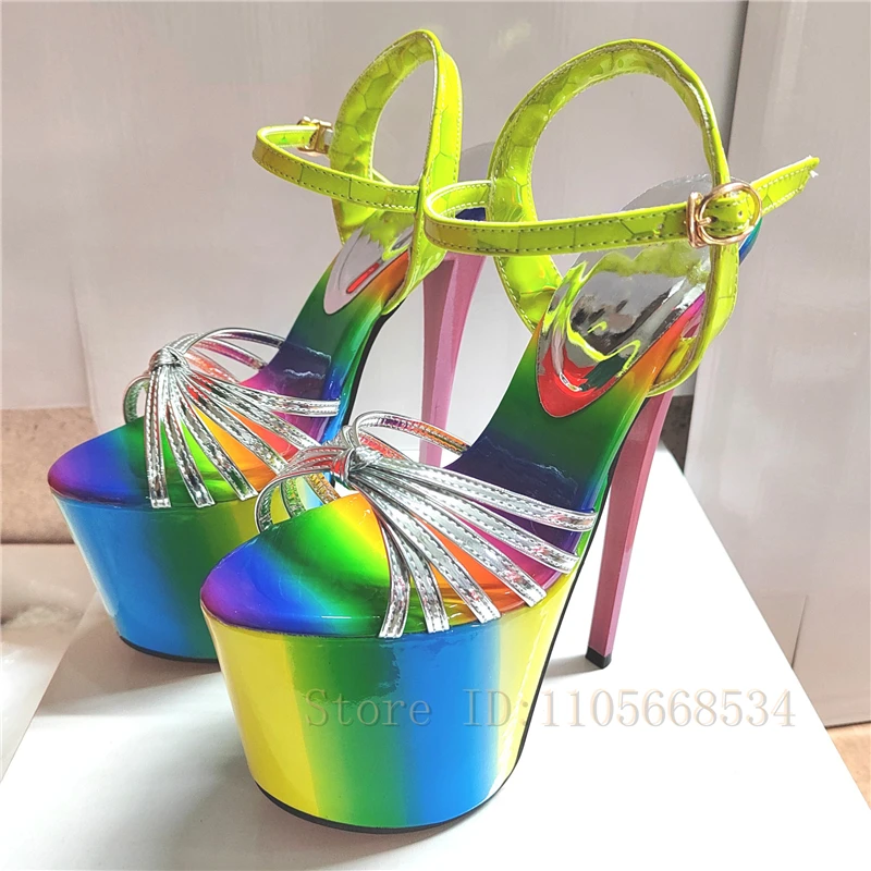Women New 19CM Stiletto Heels Pole Dance Shoes Mixed Colors Multi Crisscross Straps Platform Club Party Super High Heel Sandals