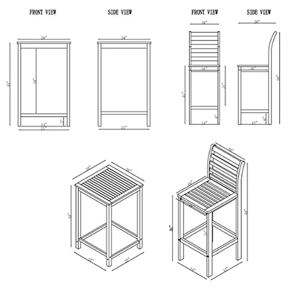 Conjunto de bistrô de altura de barra de madeira de acácia de 3 peças, móveis de pátio ao ar livre com cadeiras ergonômicas, mesa de 28 "x 28" à prova de intempéries, madeira maciça