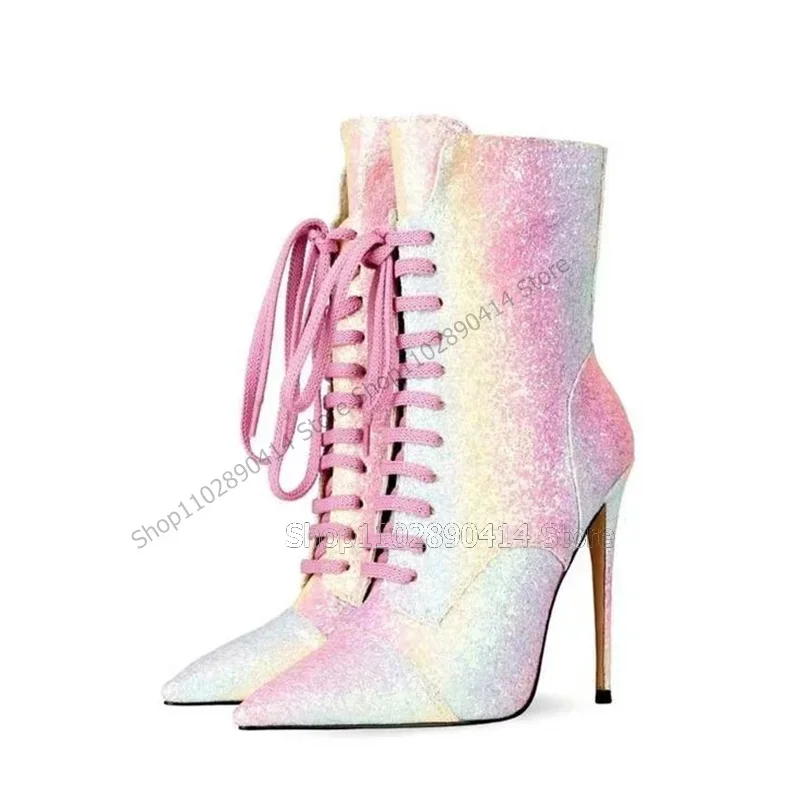 

Mixed Color Blings Decor Giltter Pointy Toe Boots Cross Tied Women Shoes Thin High Heels Novel Fashion 2023 Zapatos Para Mujere