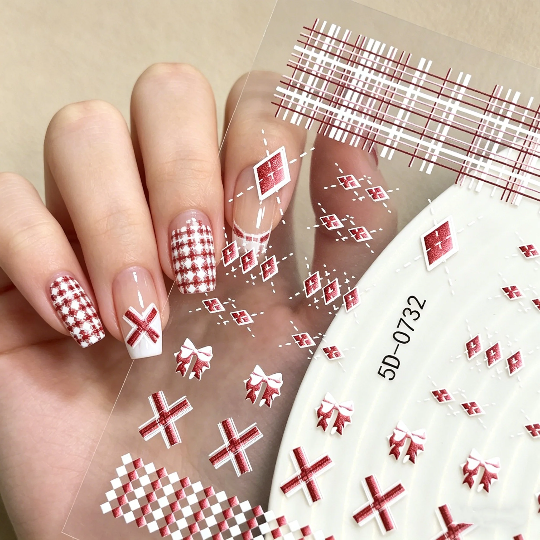 1pc 5D Red Checkerboard Nail Stickers Embossed Bow Nail Art Decals Retro Sweet Style Manicure Decorations for Daily Wear & Date*