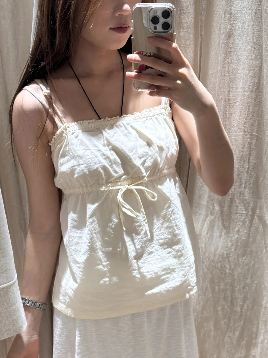 Cream Yellow Drawstring Tank Tops Woman Summer Back Single Breasted Sleeveless Cotton Vest Female Solid Sweet Backless Camisole