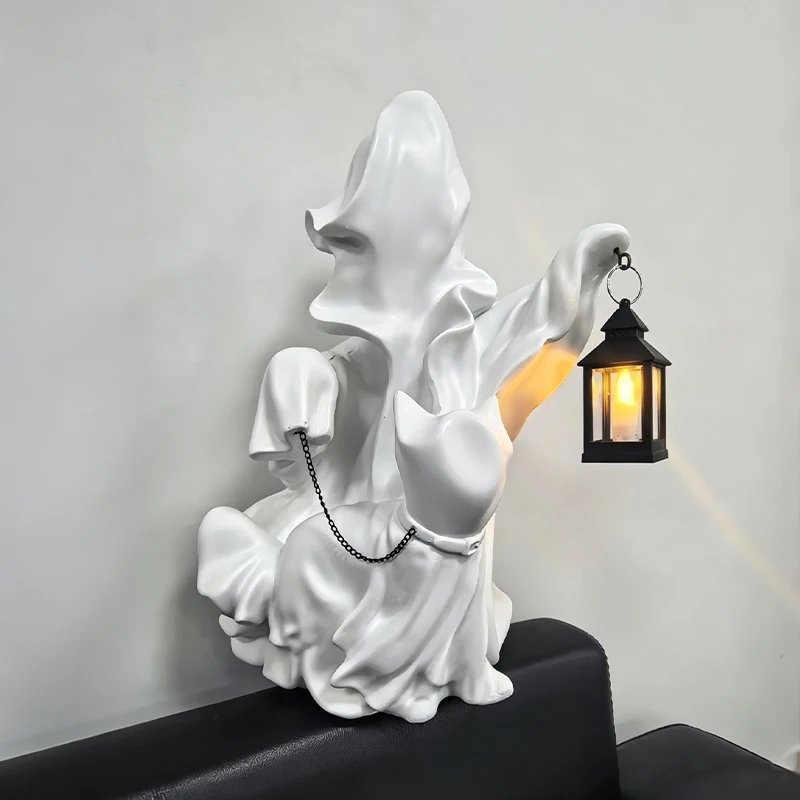 Halloween Ghost Walking Cat Statue with LED Lantern Spooky White Ghost Resin Figurine Halloween Party Tabletop Decorations