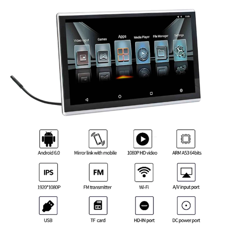 Headrest Display Monitor Android 9.0 12V Car TV Player Touch Screen BT USB Video FHD 1080P Mirror Link