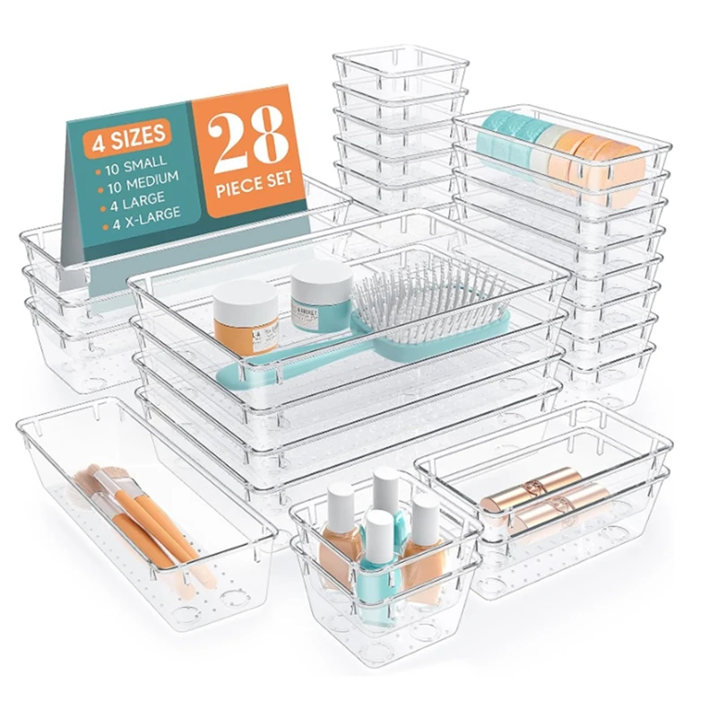 

CQMF-Clear Plastic Drawer Storage Box Set, Desk Drawer Storage Tray, For Cosmetics, Jewelry, Kitchen Utensils