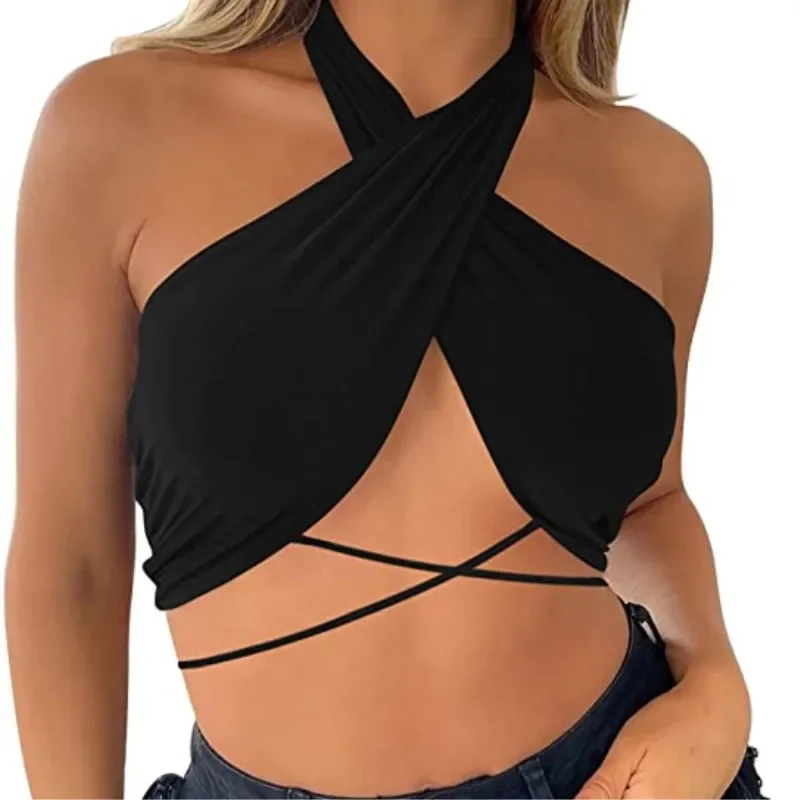 cross-border hot selling summer solid color backless chest strap women's single piece top from Europe and America