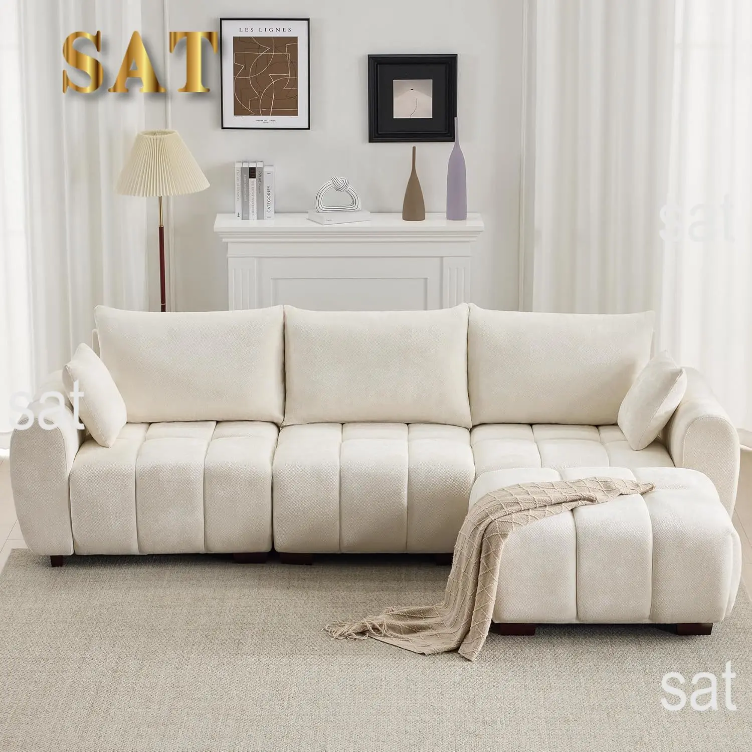 #112" Mid Century Modern L Shaped Couch, 3 Seater Modular Sectional Sofa with Movable Ottoman, Deep Seat and Solid Wood, Custom