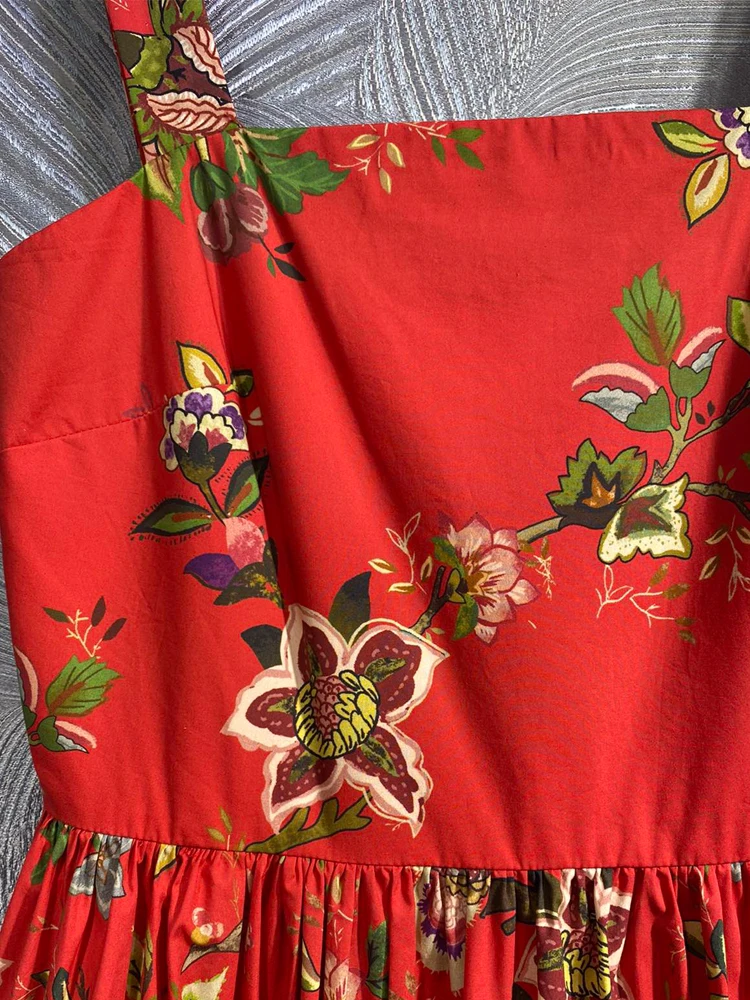 Imagem -03 - Seqinyy-vestido Midi Vermelho sem Mangas Feminino Estampa Vintage Passarela Casual Alta Qualidade 100 Algodão Novo Design de Moda Verão Primavera