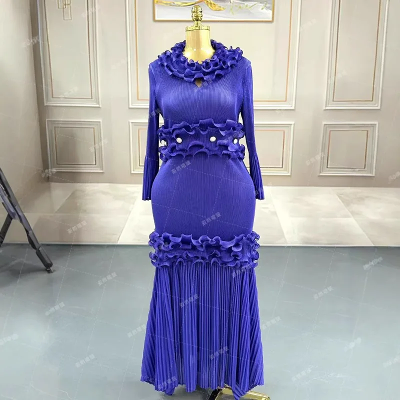 2025 Miyake Nuovi abiti da donna taglie forti Abito lungo a pieghe sottile e sottile Medio Oriente Ricama Abiti da ballo eleganti Elasticità