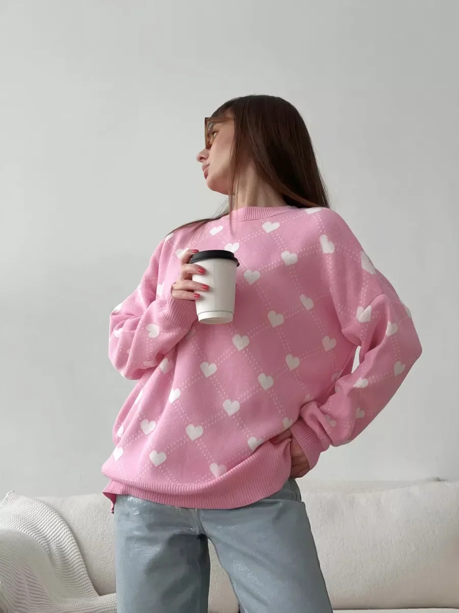 Bornladies Autumn Winter New Warm Love Printed Sweater Women\'s Loose Casual Mid Length Fashion Sweater O-neck Pullover Top