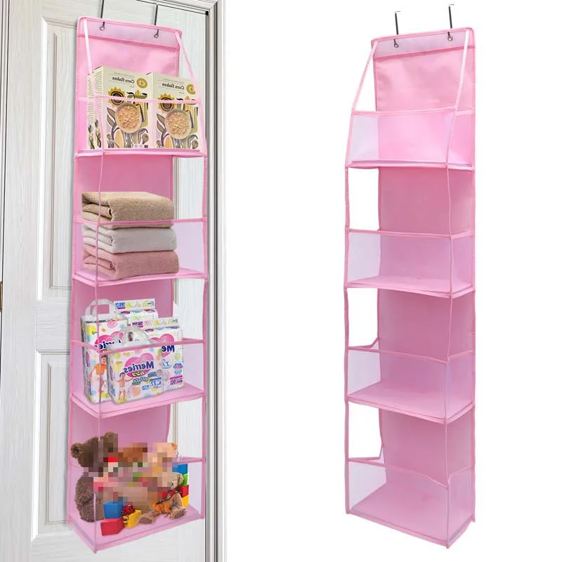 4 Layer Pink Storage Bag Foldable Hanging Organizers for Bathroom Behind The Door Snacks Toys Clothes Storage Holder Accessories