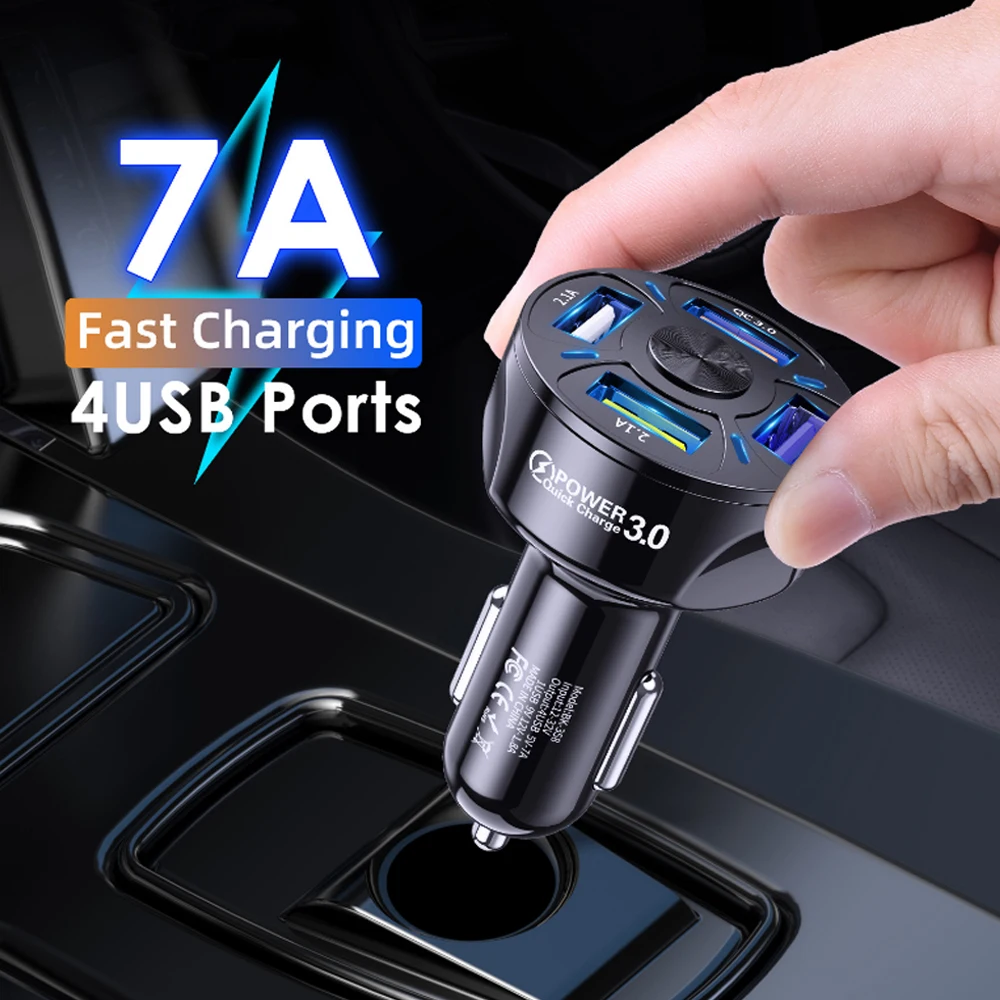 

1Pc Car Charge USB 7A 4 Port Fast Charging Quick Charge for IPhone 13 Xiaomi Huawei Mobile Phone Charger Adapter Car Accessories