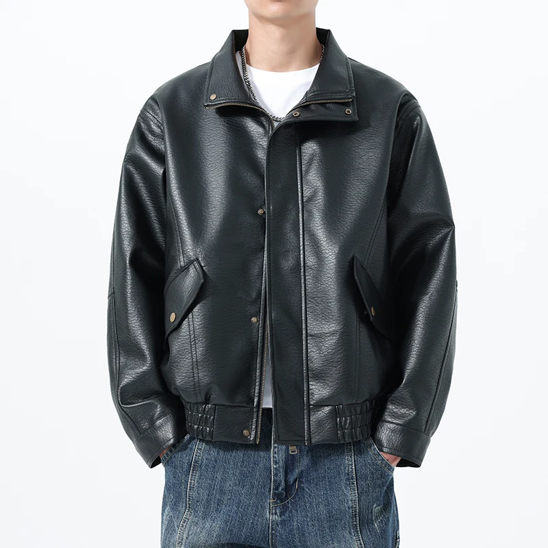 

Мужская кожаная куртка на молнии в винтажном стиле для мотоциклистов, ветрозащитная, молодежная, повседневная, модная, с длинными рукавами, отложным воротником, цветное пальто