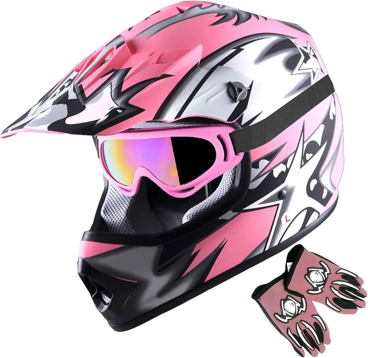 

Youth Motocross Helmet BMX MX ATV Dirt Bike Helmet Matt Star Pink + Goggles + MG Youth Pink Glove Bundle