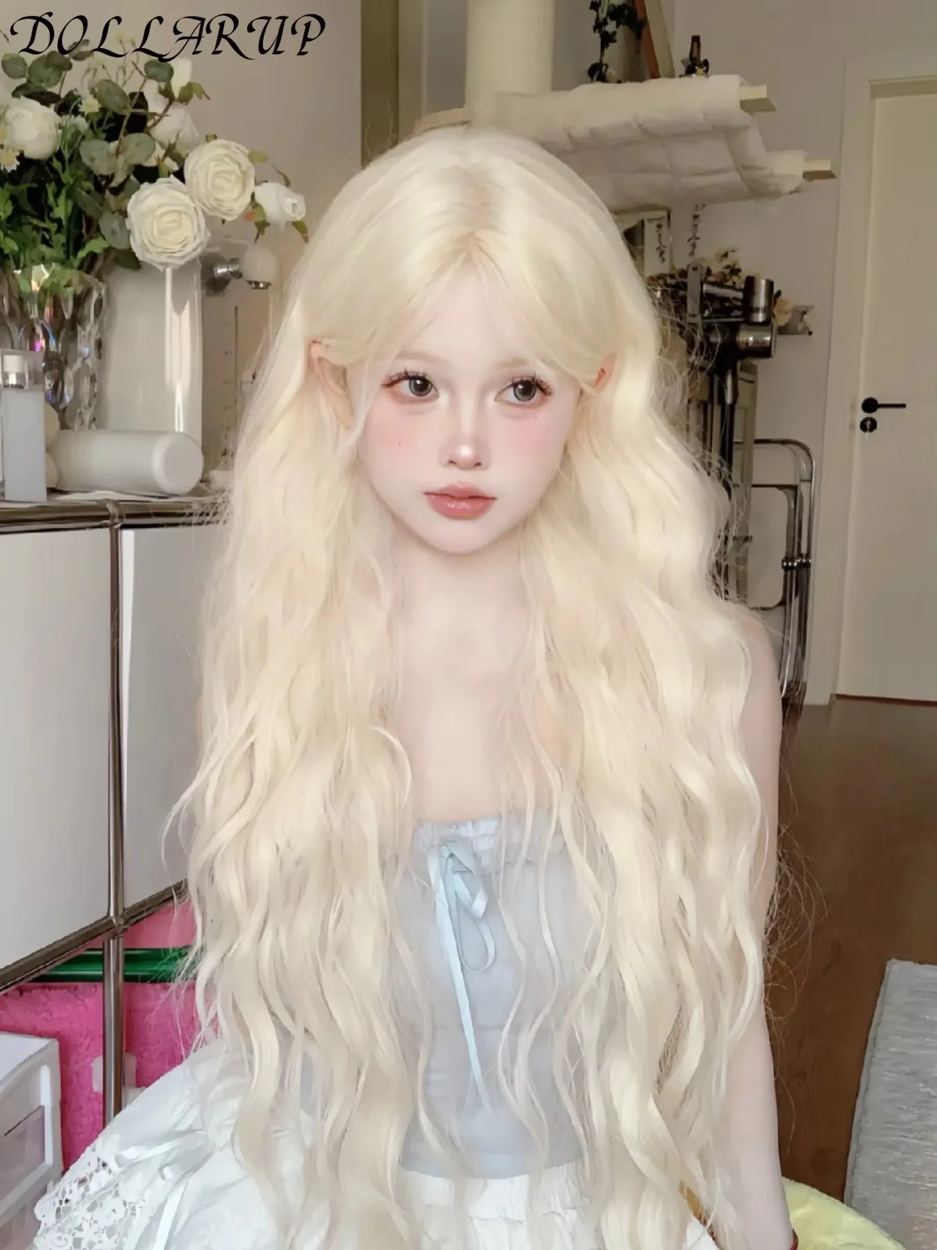 JKL شقراء طويلة مجعد الشعر بيروكات صناعية مع الانفجارات بلاتيوم الذهبي لوليتا تأثيري الباروكات للنساء اليومية حفلة تأثيري #4