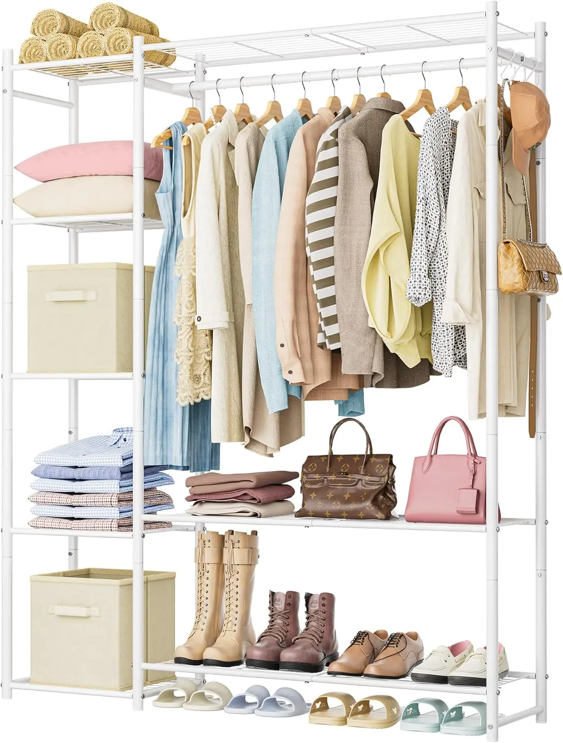 Wardrobe Closet,Portable Clothes Rack with 4 Tiers Shelves,Hanging Rods,Steel Clothing Rack Suitable.White