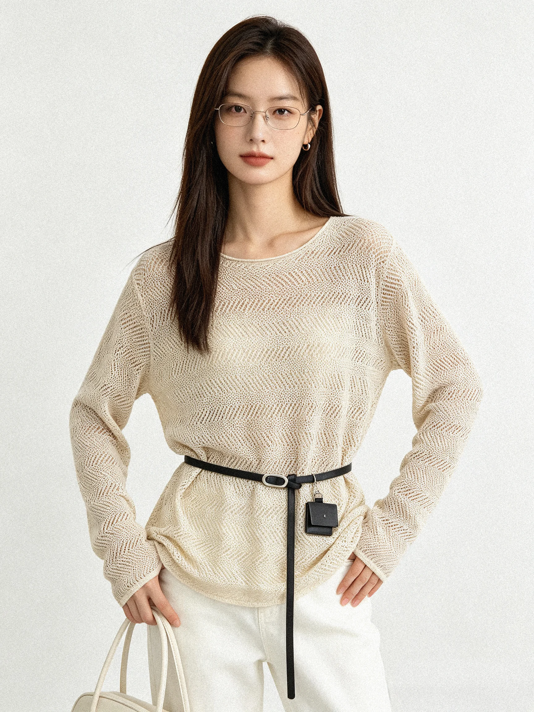 Skin-friendly Lazy Long Sleeve T-shirt Hollow Knitted Vintage Slimming Atmosphere Cover-up Top Early Autumn New Style Korean ...