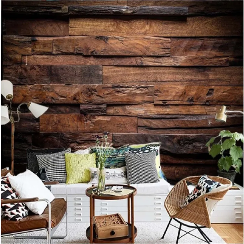 Dark Brown Retro Nostalgic Wood Grain Striped Mural Wallpapers for Living Room KTV Bar Cafe Restaurant Wall Paper 3D Home Decor