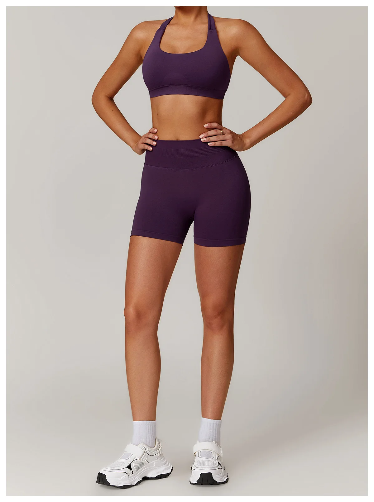 2-teiliges nahtloses Yoga-Outfit mit Neckholder-Top für Damen, Sport-BH, Shorts, Beauty-Back-Top, Lauf- und Fitnesshose, dehnbares, enganliegendes Set – Detail 9
