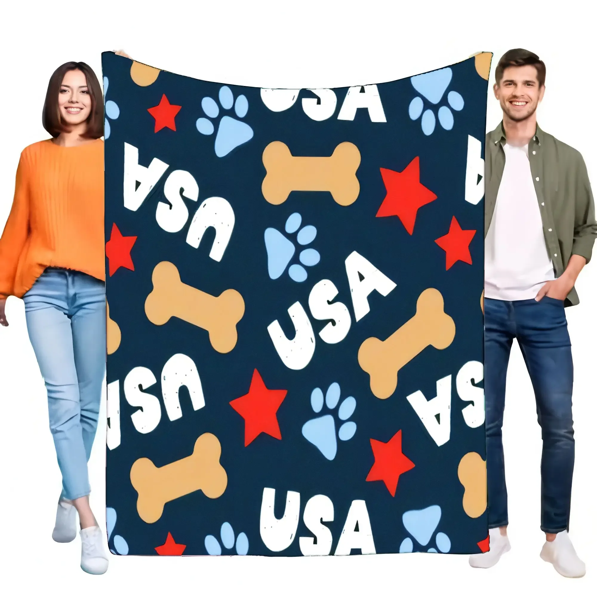 Patriotic USA Dog Bone Paw Print Flannel Fleece Blanket Soft Cozy Warm Lightweight Throw for Sofa Bed Pet Lovers Gift