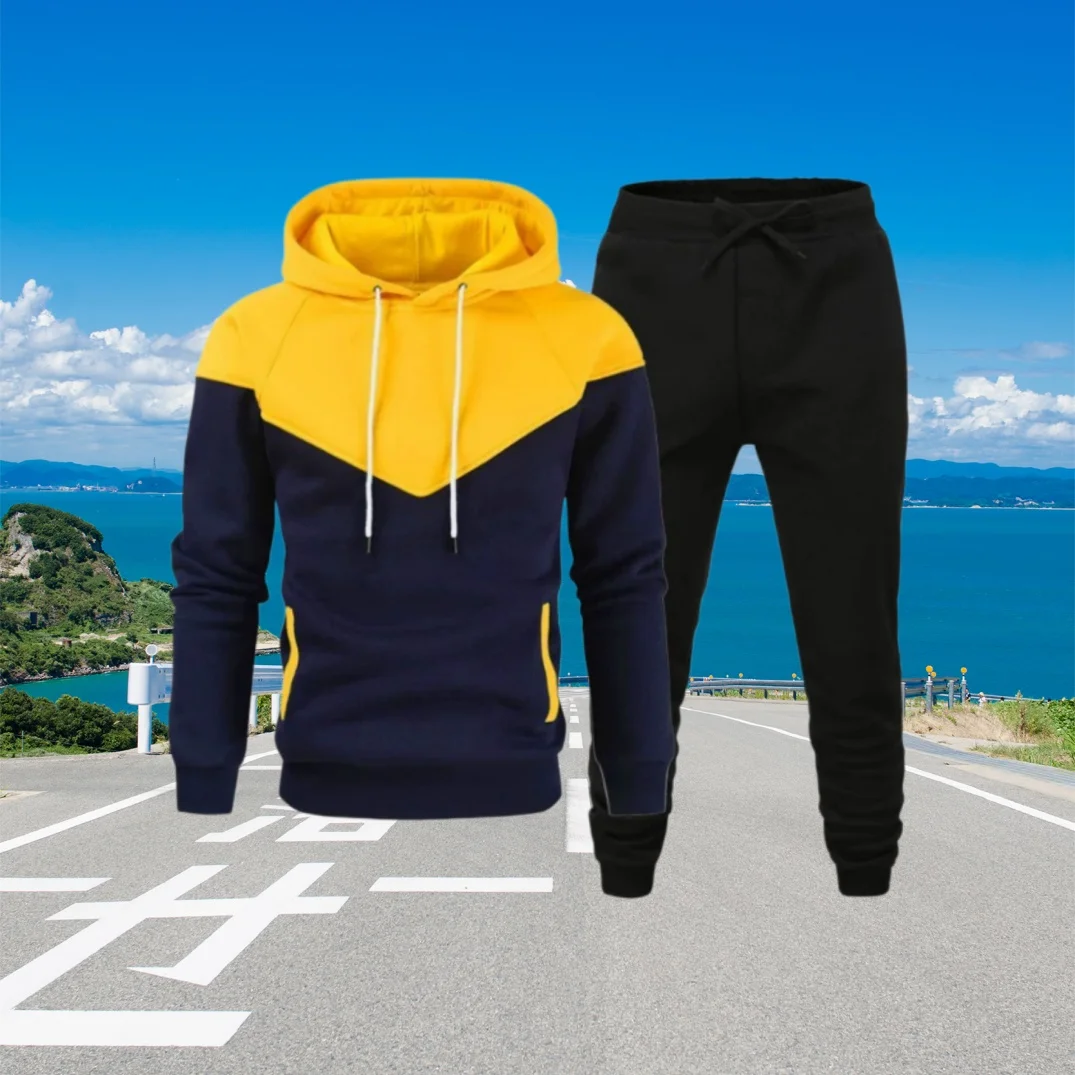 

Spring and Autumn Men's Hooded Sweatshirt Set - A Teenage Casual Sports Outfit with Contrast Color Design and Fitted Suiting
