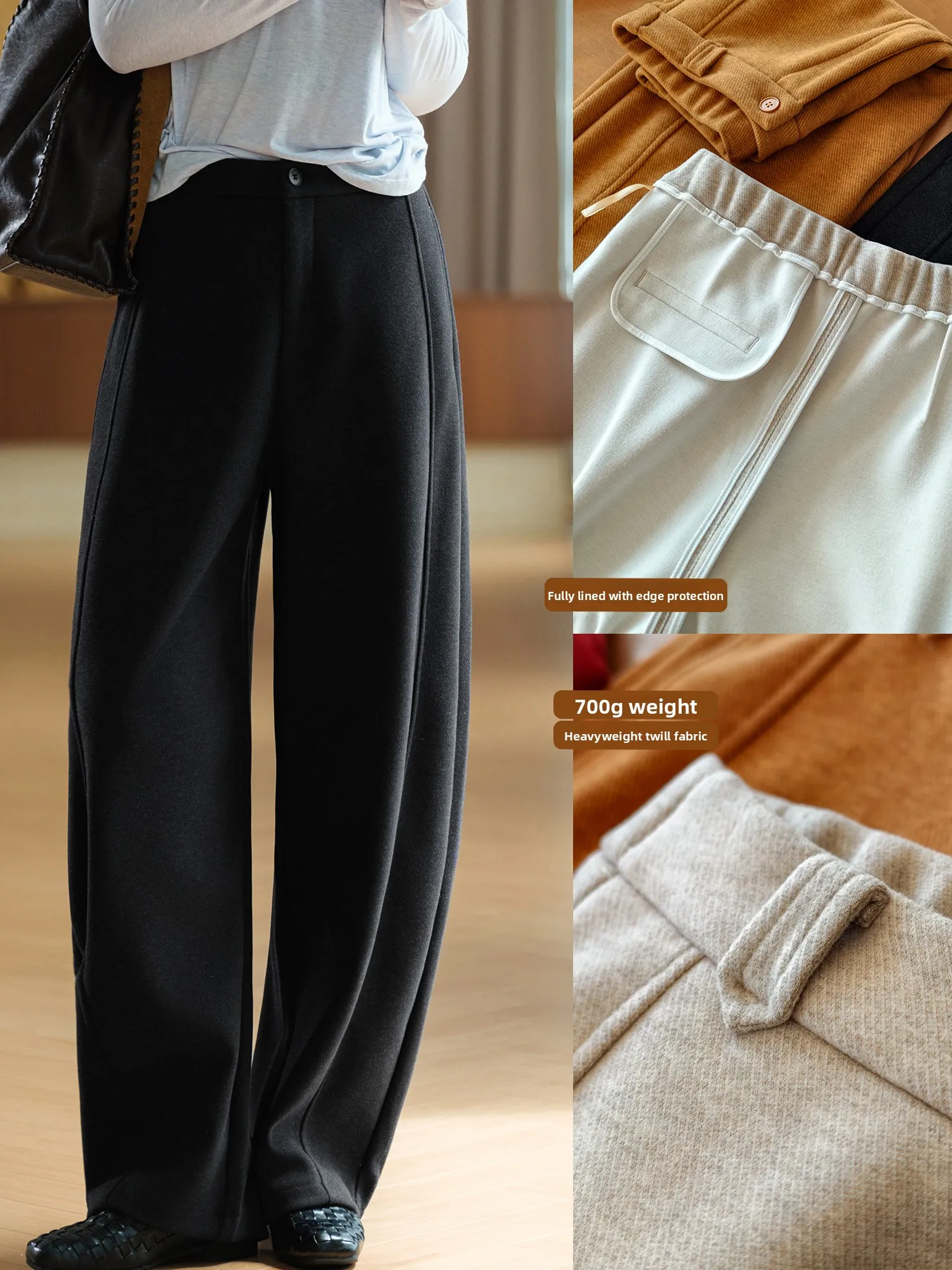 Heavyweight Herringbone Tweed Pants with Silk Wool  One Button Half Elastic Bend Knife Pants Casual Wide Leg Pants