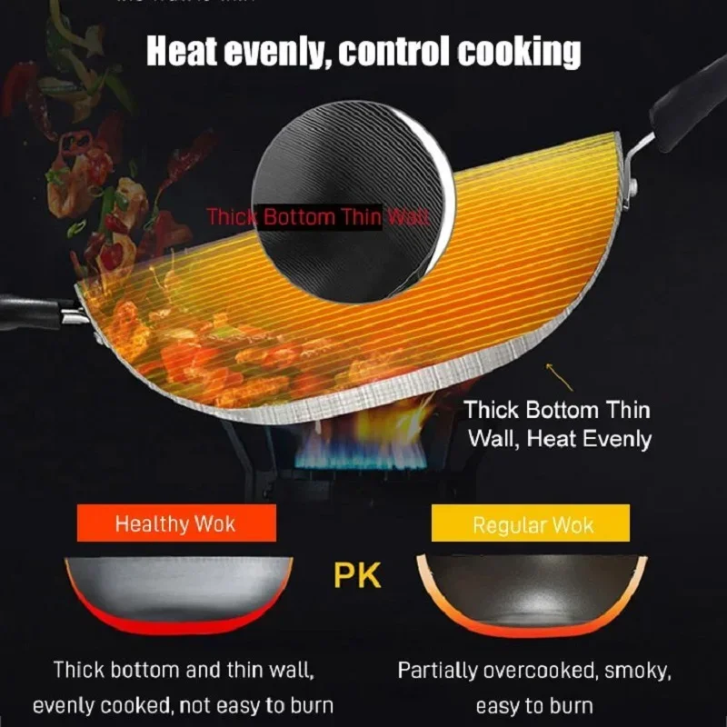 430 Stainless Steel Frying Pan Chinese Handmade Wok Thick Non-stick Uncoated Round Bottom Household Pot Gas Cookware Cooking Wok