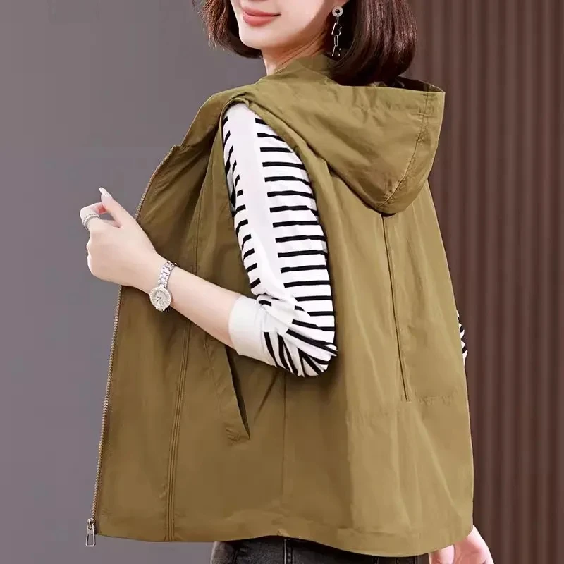 Spring Autumn 2024 Women's Vest Coat Loose Sleeveless Hooded Ladies Vest Jacket Fashion Comfortable Thin Lady Waistcoat Tops