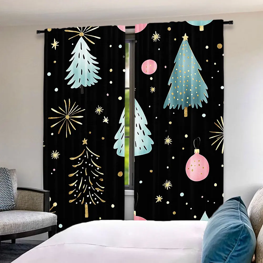 2Pcs Christmas Curtain Pink Blue Black Xmas Pine Tree Forest Snowflake Star Winter Holiday Rustic Nature