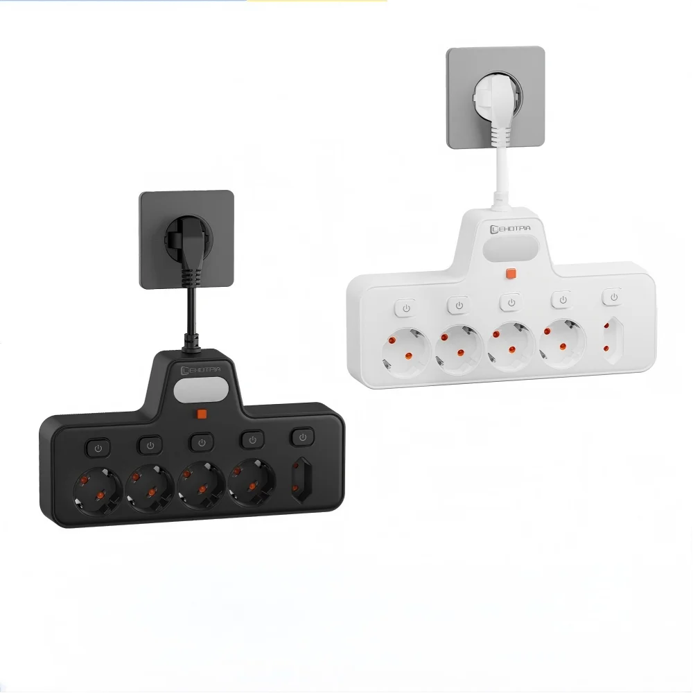 2500W EU AC Socket Extender Wall Power Strip With USB Ports Short Cord Individual Switches Overload Protection LED lighting