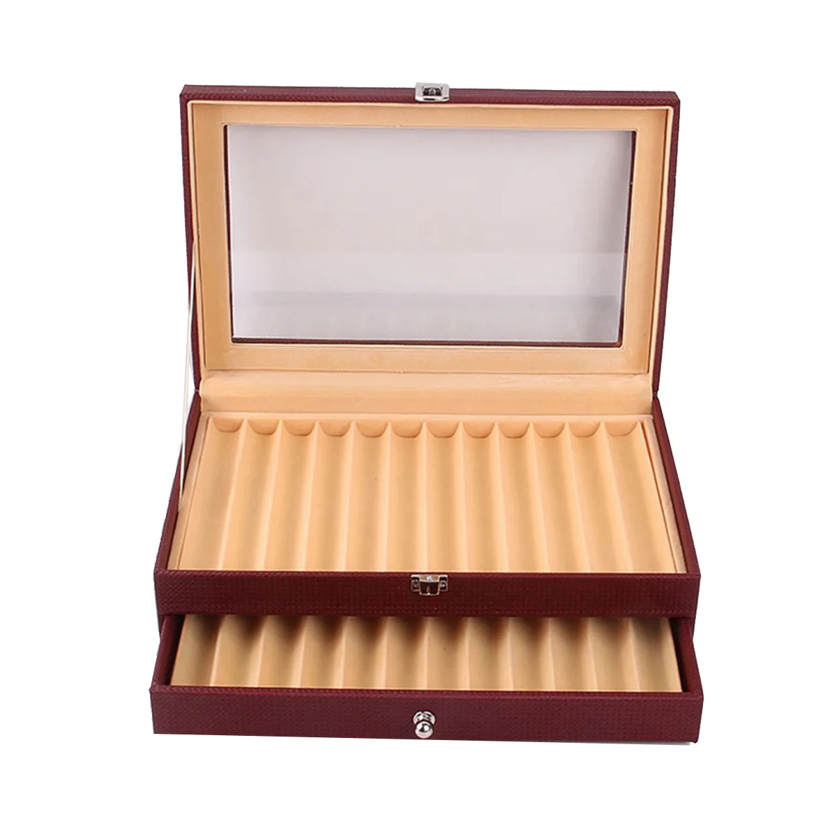 24 Slots Wooden Pen Display Storage Box Luxury 2 Layer PU Pen Case Fountain Pen-Collector Jewelry Organizer Wine Red