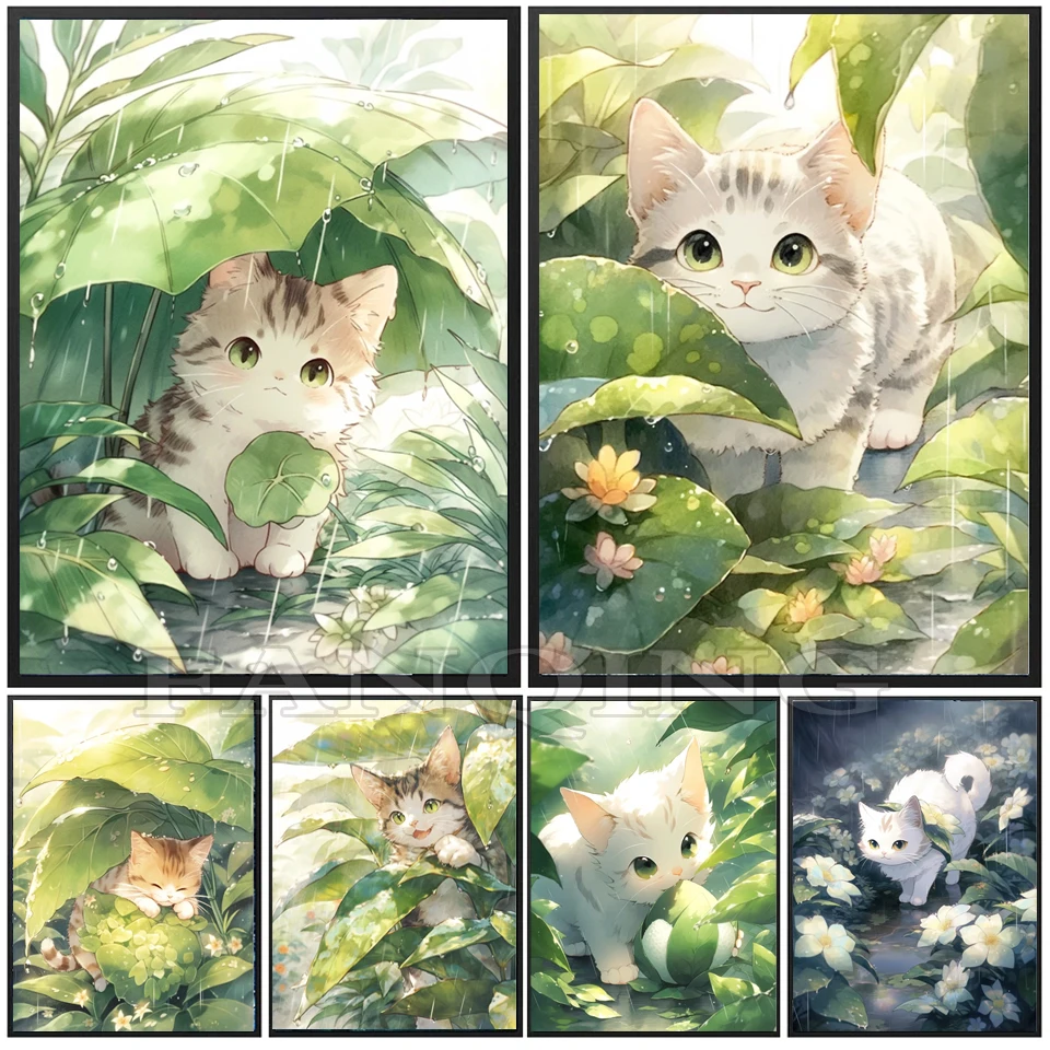 5D DIY Diamond Painting Cat shelter From the Rain Full Mosaic Diamond Embroidery Animals leaf Rhinestone Home Decoration GiftL79