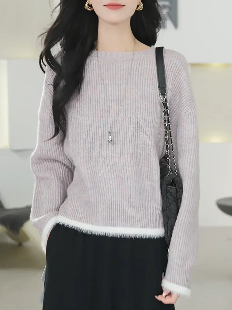 

Корейский круглый трикотаж Ne, повседневный универсальный женский топ большого размера, осеннее новое поступление, удобный теплый шерстяной топ