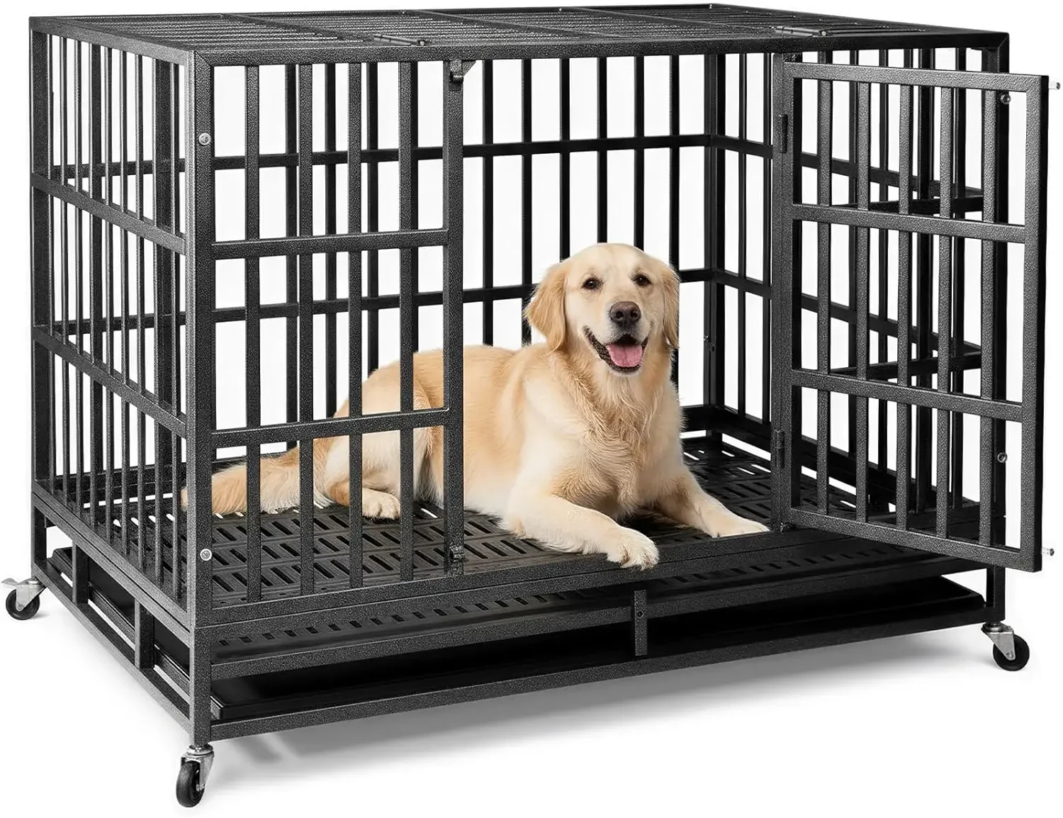 

48 Inch Heavy Duty Indestructible Dog Crate, XL Steel Escape-Proof Kennel for Large Dogs, Double Door Design with 4 Locking Whee