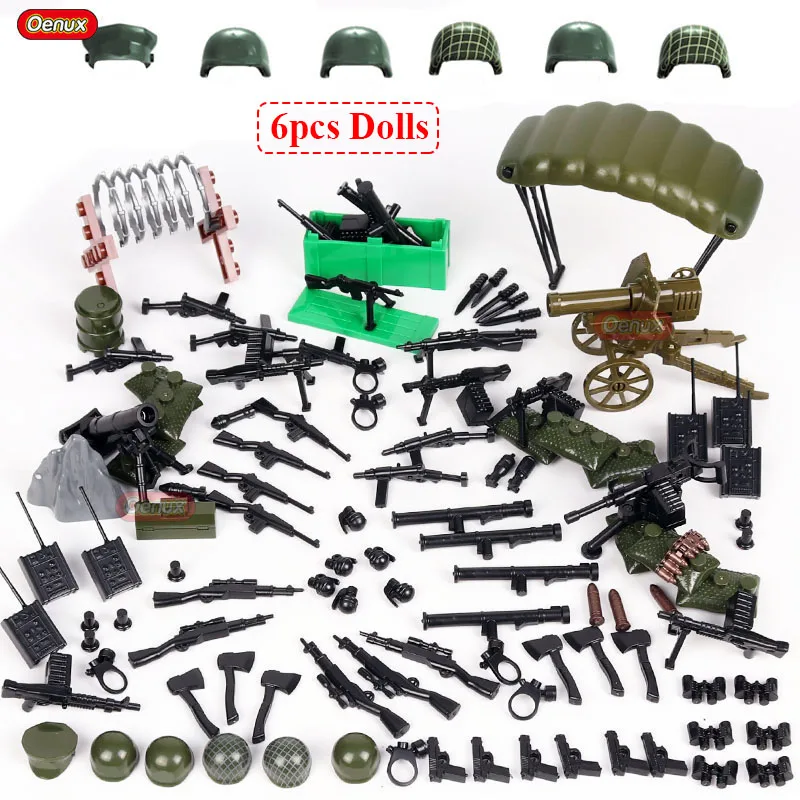 Oenux 8pcs WW2 Mini US Army Soldiers Figure Military Small Building Block Set Military Tank Motorcycle Vehicle MOC Brick Kid Toy