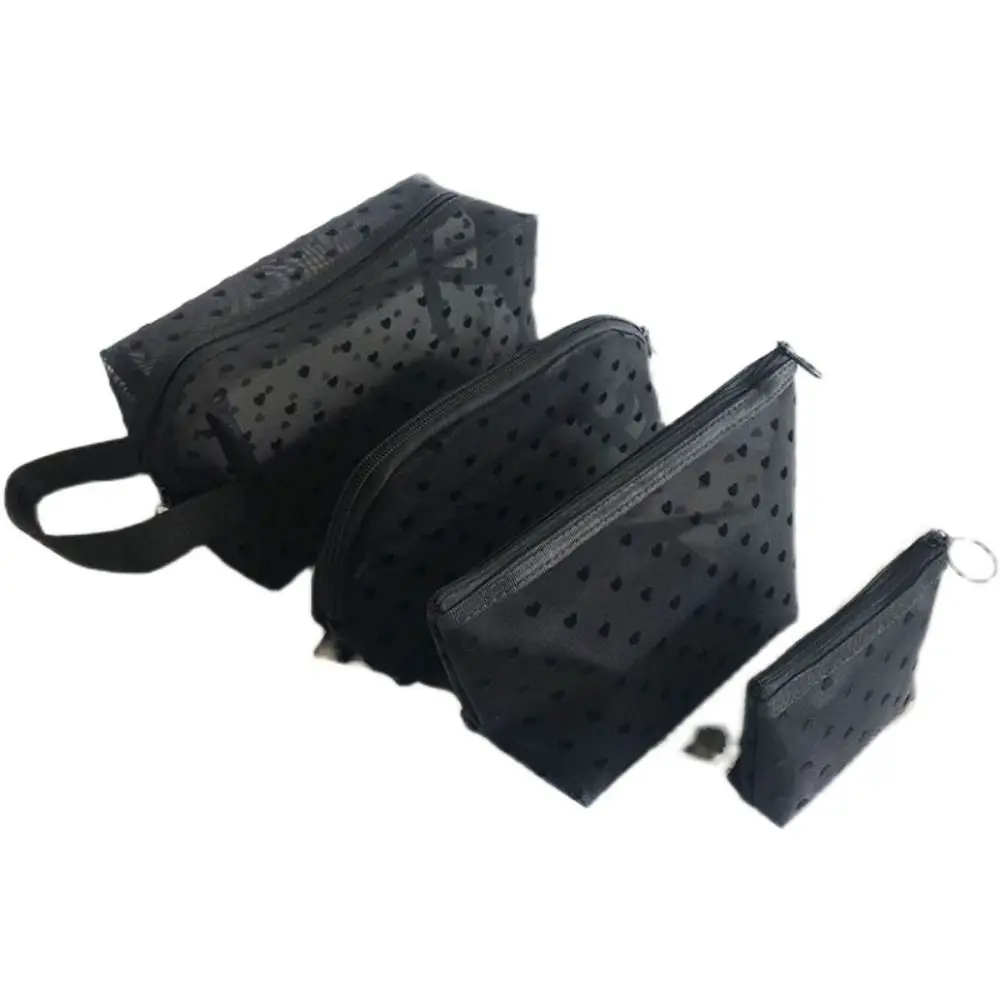Portable Wave Point Love Heart Mesh Makeup Bag Zipper Large Capacity Transparent Cosmetic Bag Organizer Case Toiletry Bag Lady