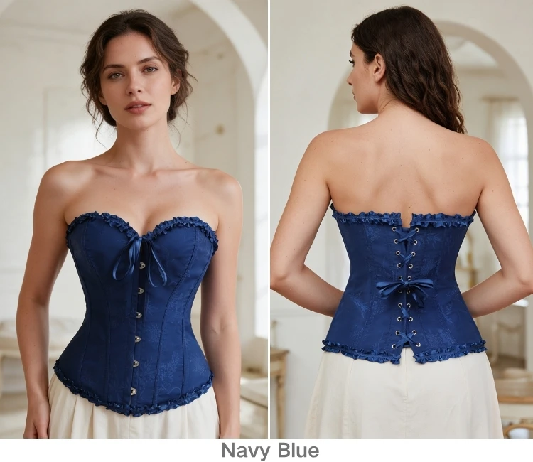 Damen Vintage Jacquard Korsett-Top, trägerlos, mit Rüschen vorne, Busk-Rücken, Schnürung, 20 Farben, für Feiertage, Partys und Abendgarderobe – Detail 23