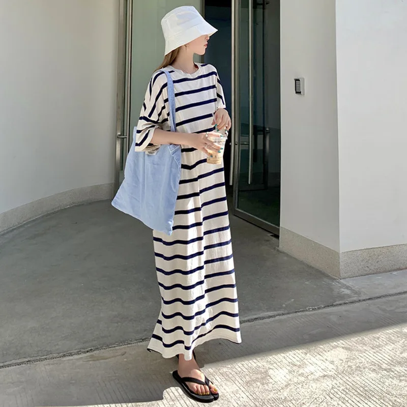 

2024 New Korean Style plus Size Striped Dress Women Summer Loose over Knee Length A-Line Skirt Cotton Long Dress for Students