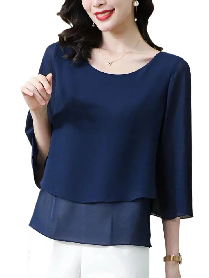  chiffon shirt 2023 Spring and Summer Women Tops and Blouse three quarter sleeve shirt 