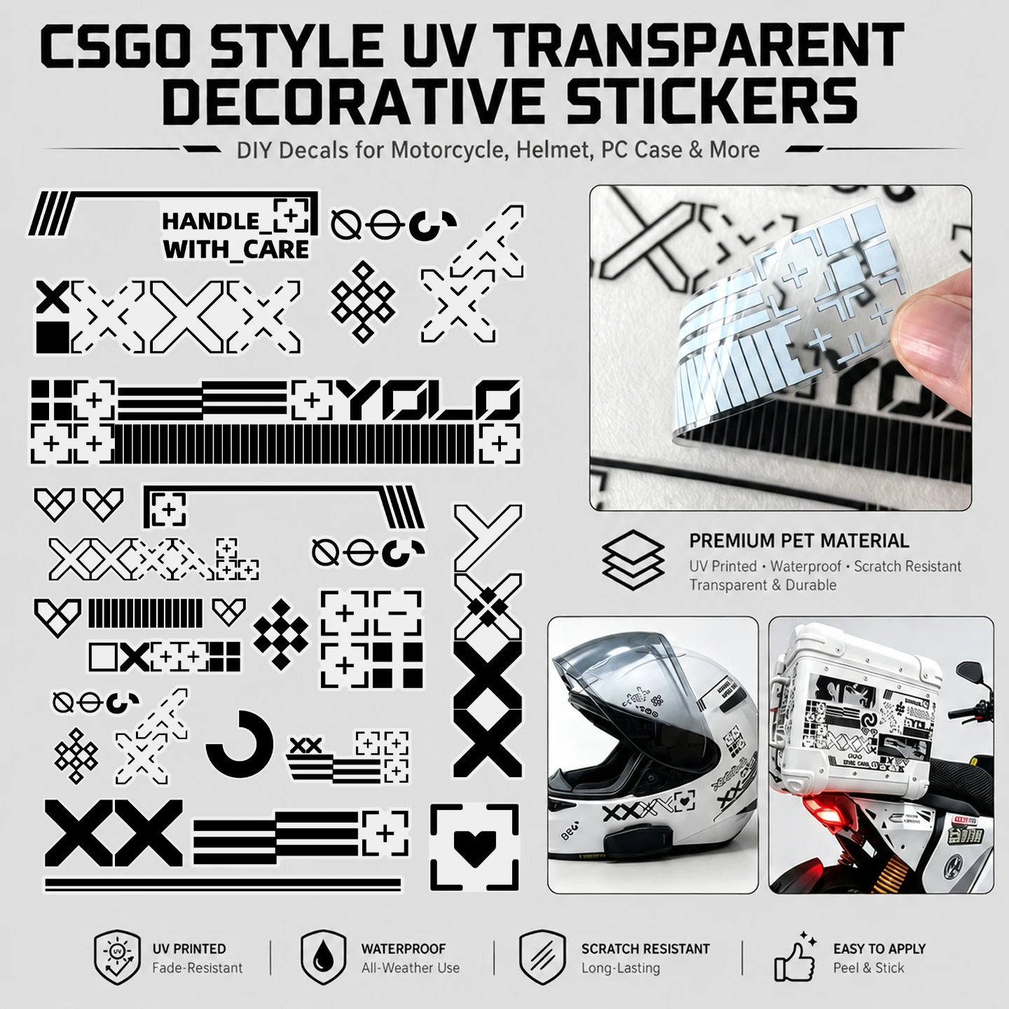 Csgo Geometric Pattern UV transparent DIY Vinyl Sticker Motorcycle Moto Bike Body PC Case Laptop Helmet Decor Accessories Decal