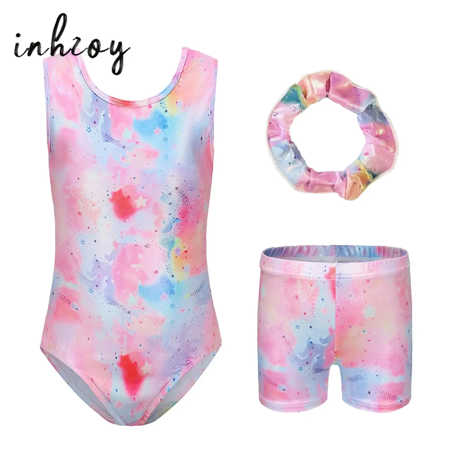 

3Pcs/Set Kids Girls Gymnastics Outfit U Back Sleeveless Leotard Shiny Rhinestones Color Block Printed Bodysuit+Shorts+Hair Band