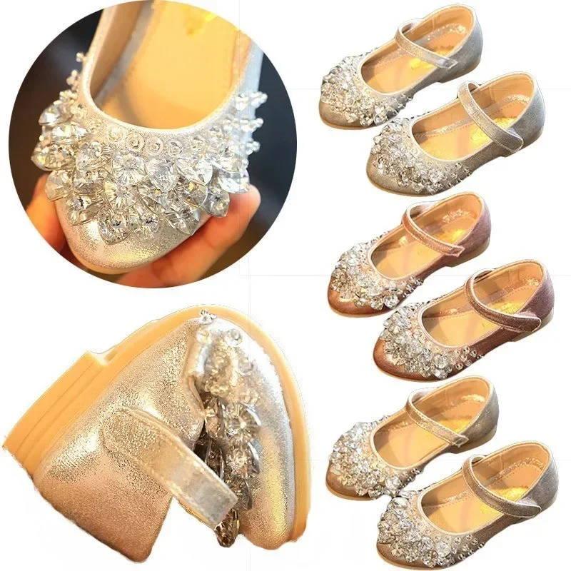 Girls Crystal Shiny Princess Shoes Kids Sweet Flats Performance Shoes Fashion Children\'s Leather Shoes for Party Wedding