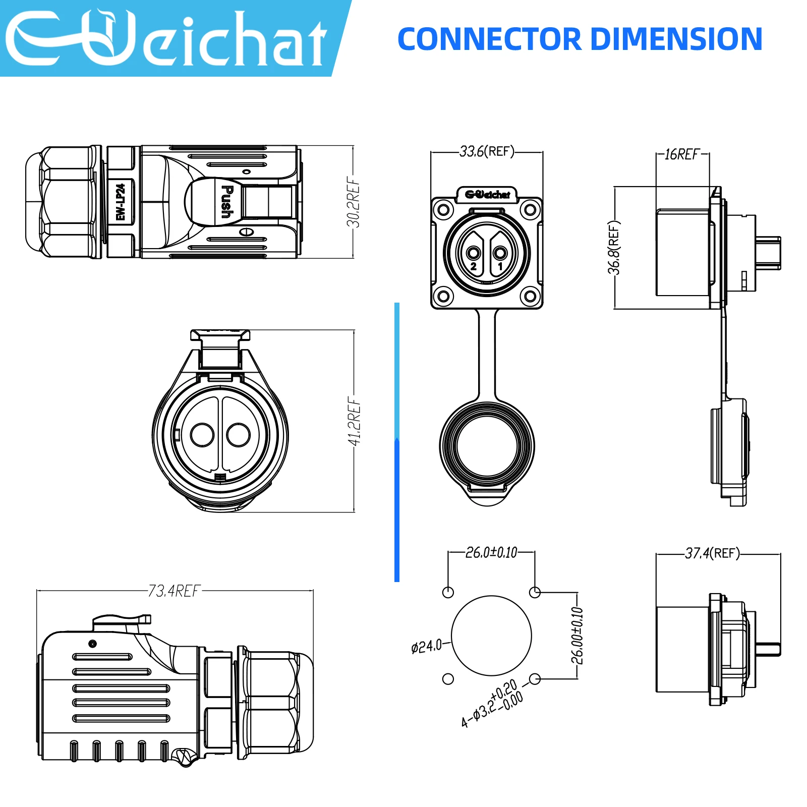 EW-LP24 Waterproof Connector IP68 Industrial Circular Aviation Electrical Connector M24 2-24 Pin Flange Socket