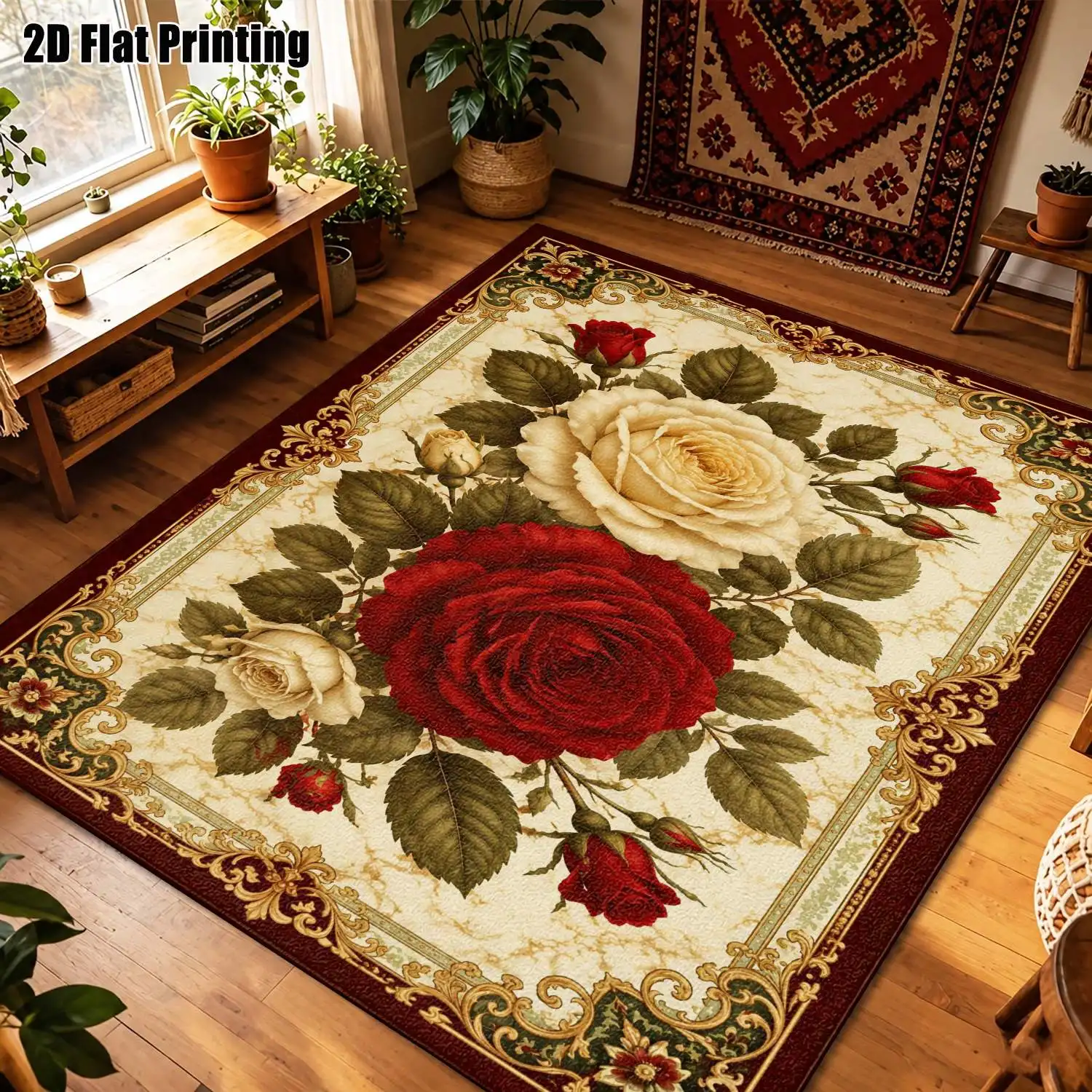 1Pc 2D Printed Carpet: Red-White Rose Floral Pattern, European/Vintage/Bohemian/Geometric Style, Home Decor, Multiple Sizes, Machine Washable, for Entrance, Dining Room, Foyer, Bedroom, Living Room
