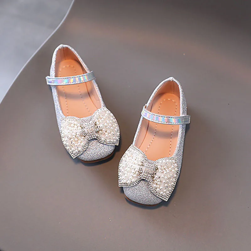 Children Princess Leather Shoes Casual Baby Gold Silver Girls Fashion Pearls Bowknot Sweet Flats Princess Kids Shoes CSH1500