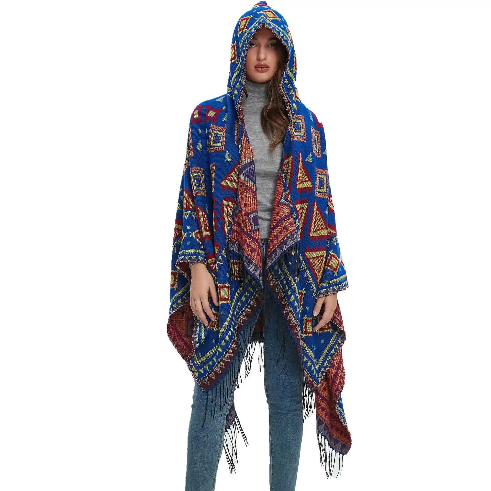ladies'-hooded-cape-tassel-shawl-geometric-pattern-fashionable-autumn-accessory-without-brand-registered-trademark